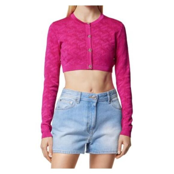 VERSACE Sweaters - VERSACE Womens Pink Long Sleeve Round Neck Crop Top Cardigan 44